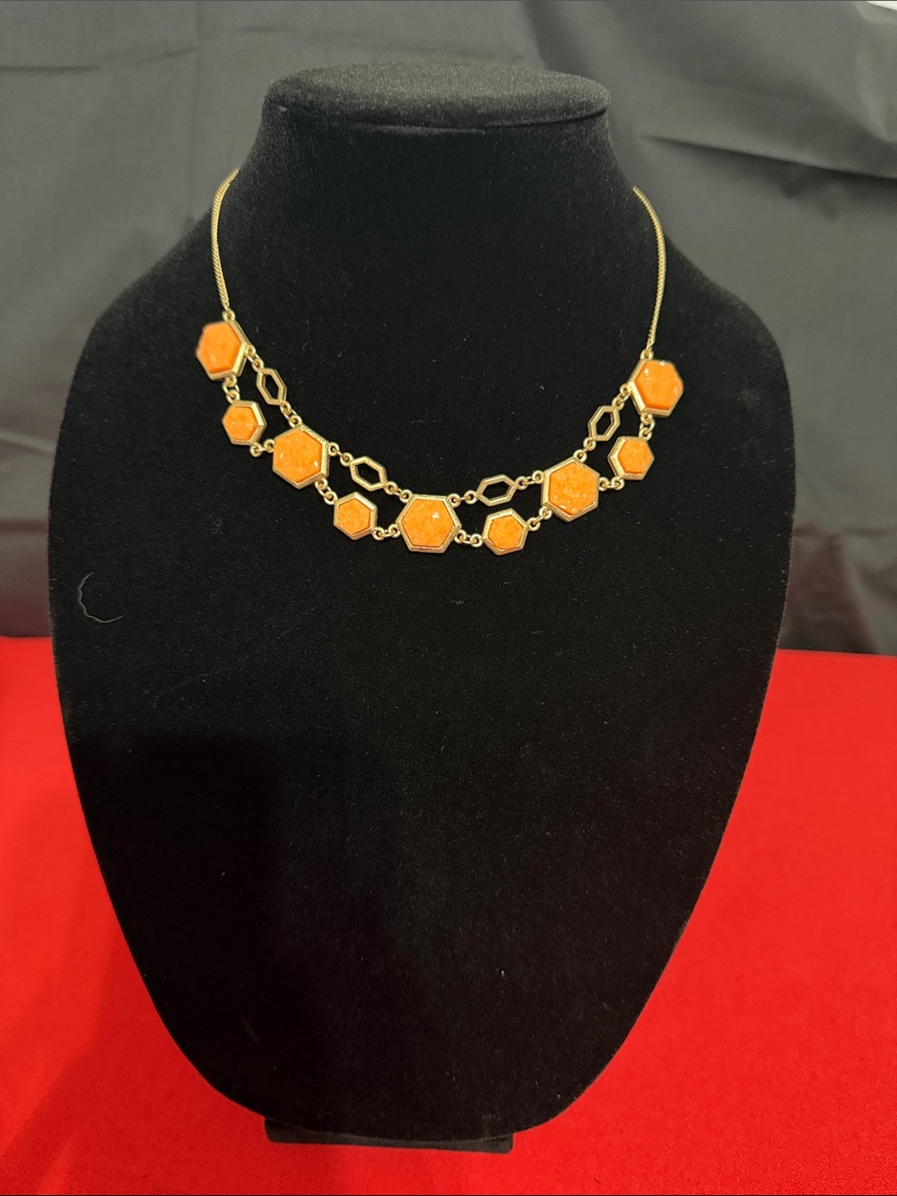 Gold-Tone Necklace with Orange Hexagon Accents